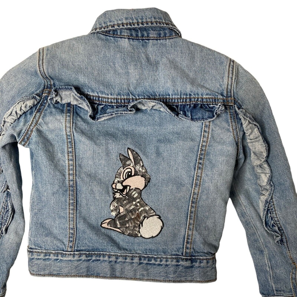 Disney Gapkids Denim Jacket Toddler Small Thumper Rabbit Bambi Sequin Ruffle - Picture 3 of 10
